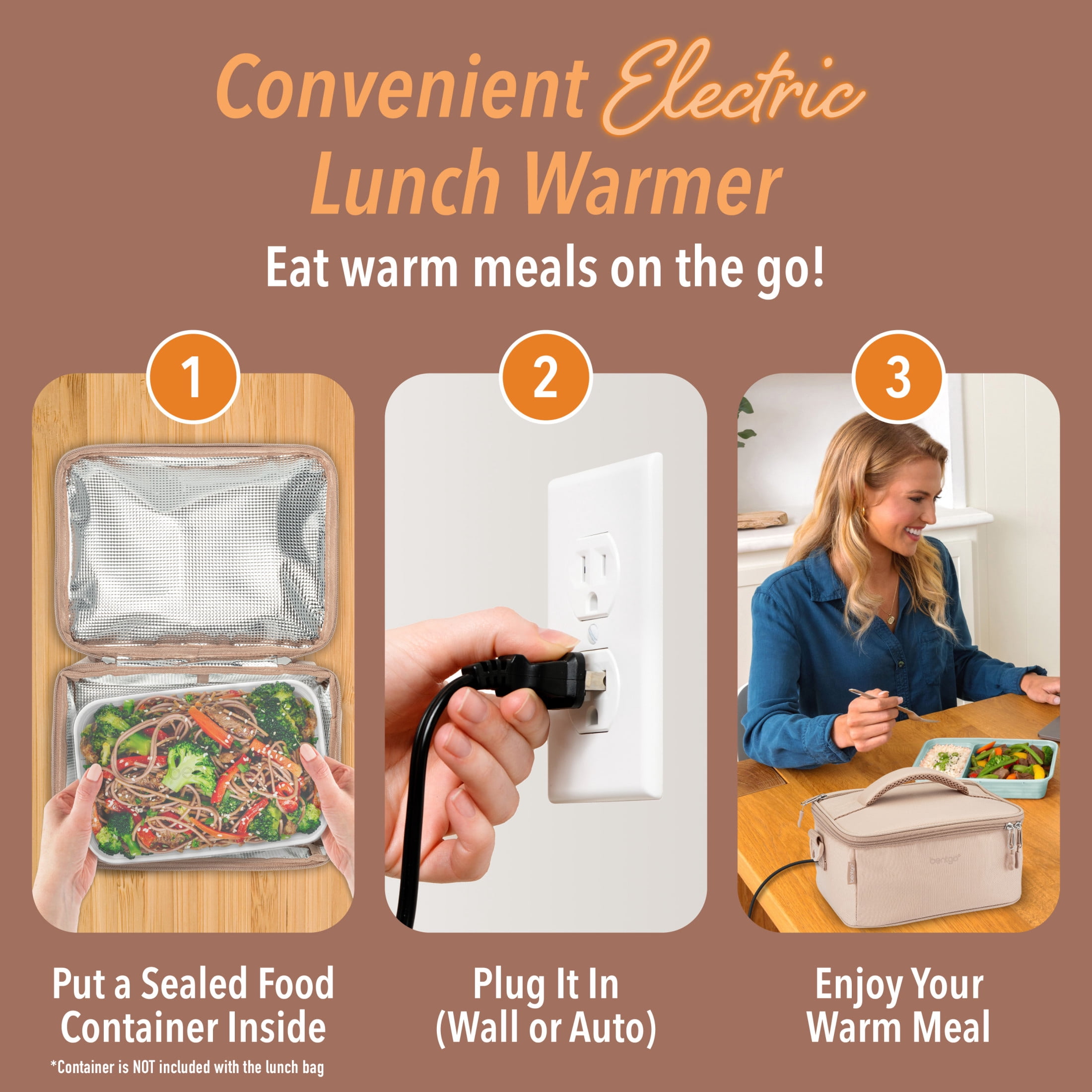 Bentgo Heat - Electric Lunch Bag & Food Warmer for Reheating Meals in Car, at Work & More - Heated Lunch Box Warmer for Adults, Students & Shift Workers, 12V/24V Auto & 120V Wall Cords (Sand)