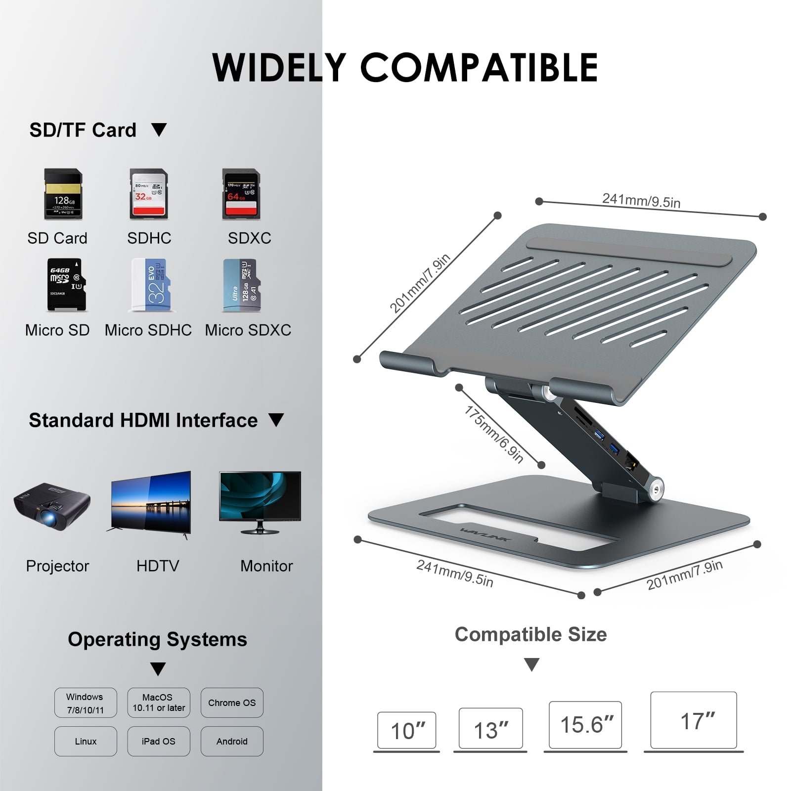 Wavlink Adjustable Aluminum Laptop Stand with 9-in-1 USB C Dock, Ergonomic Portable Computer Riser Compatible with MacBook & Windows, 10-17" Notebook and Tablet