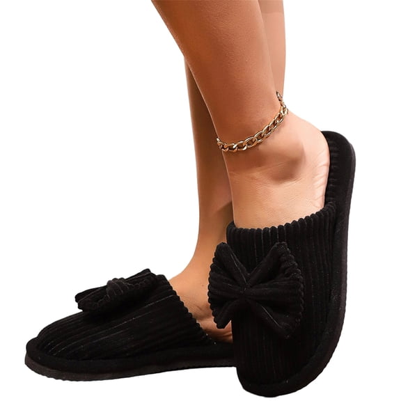 Mfakffe Womens Slippers Fashion Bow Closed Toe Slippers Comfortable Soft Cotton Shoes Black 9 Wide(EU:42)