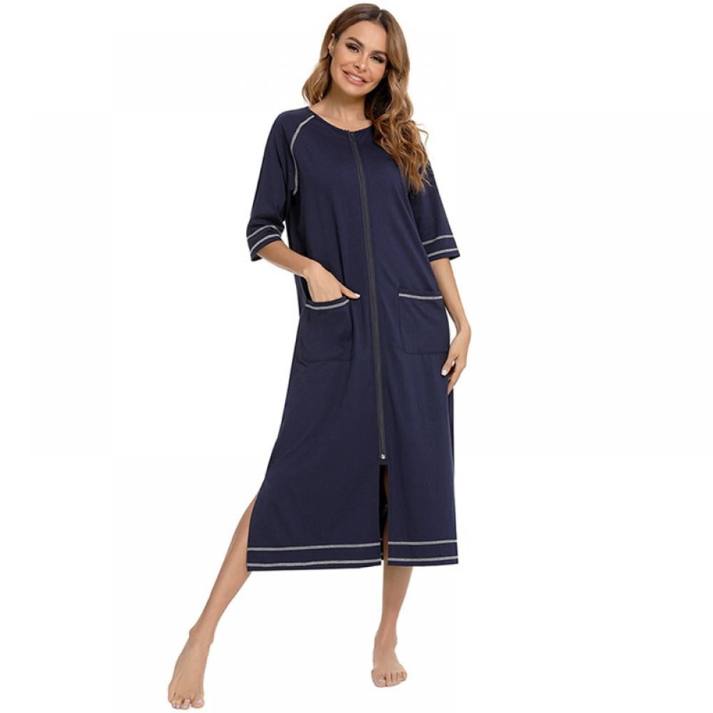 Women Zipper Robes Full Length Nightgowns Cotton Loose Housecoat Short Sleeve Loungewear with Pockets S-XXL