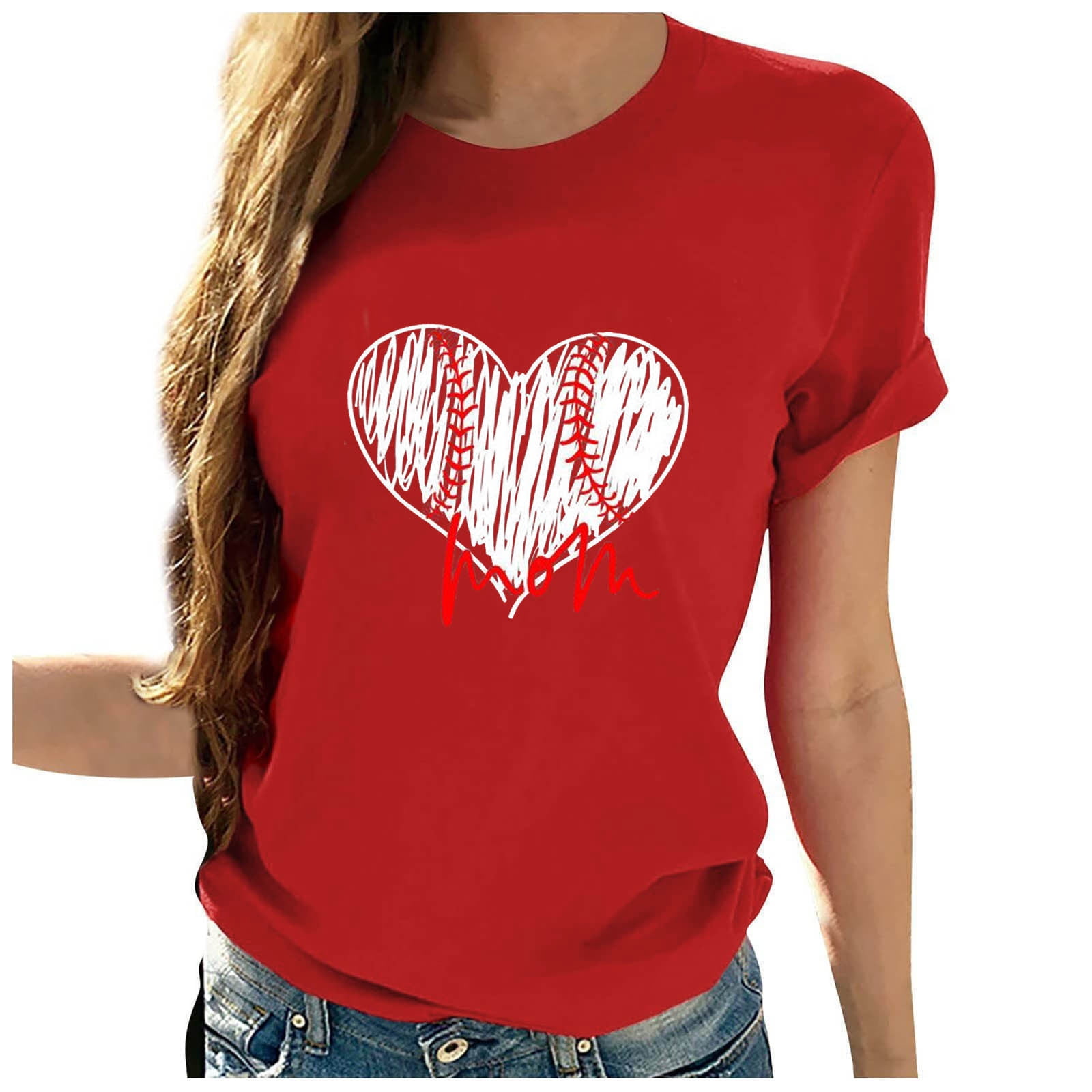 Cute Baseball Shirt Women Baseball Heart Tee Shirts Short Sleeve Crew Neck  Casual Summer Graphic Tee Shirts Top 