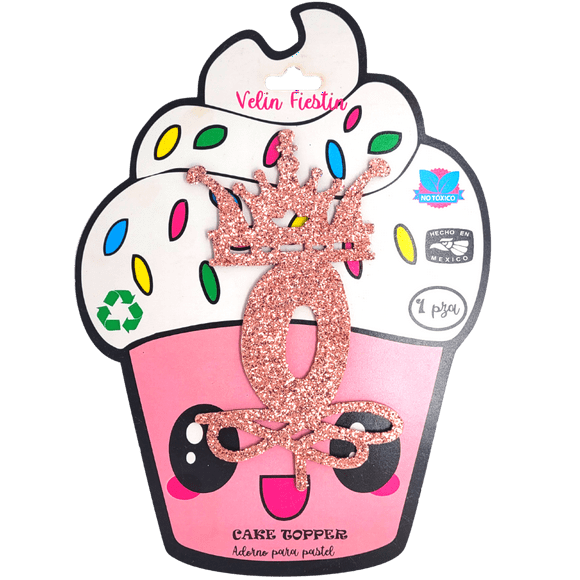 Cake Topper Rosa Glitter #0 Velin Fiestin Decoración para pastel reutilizable
