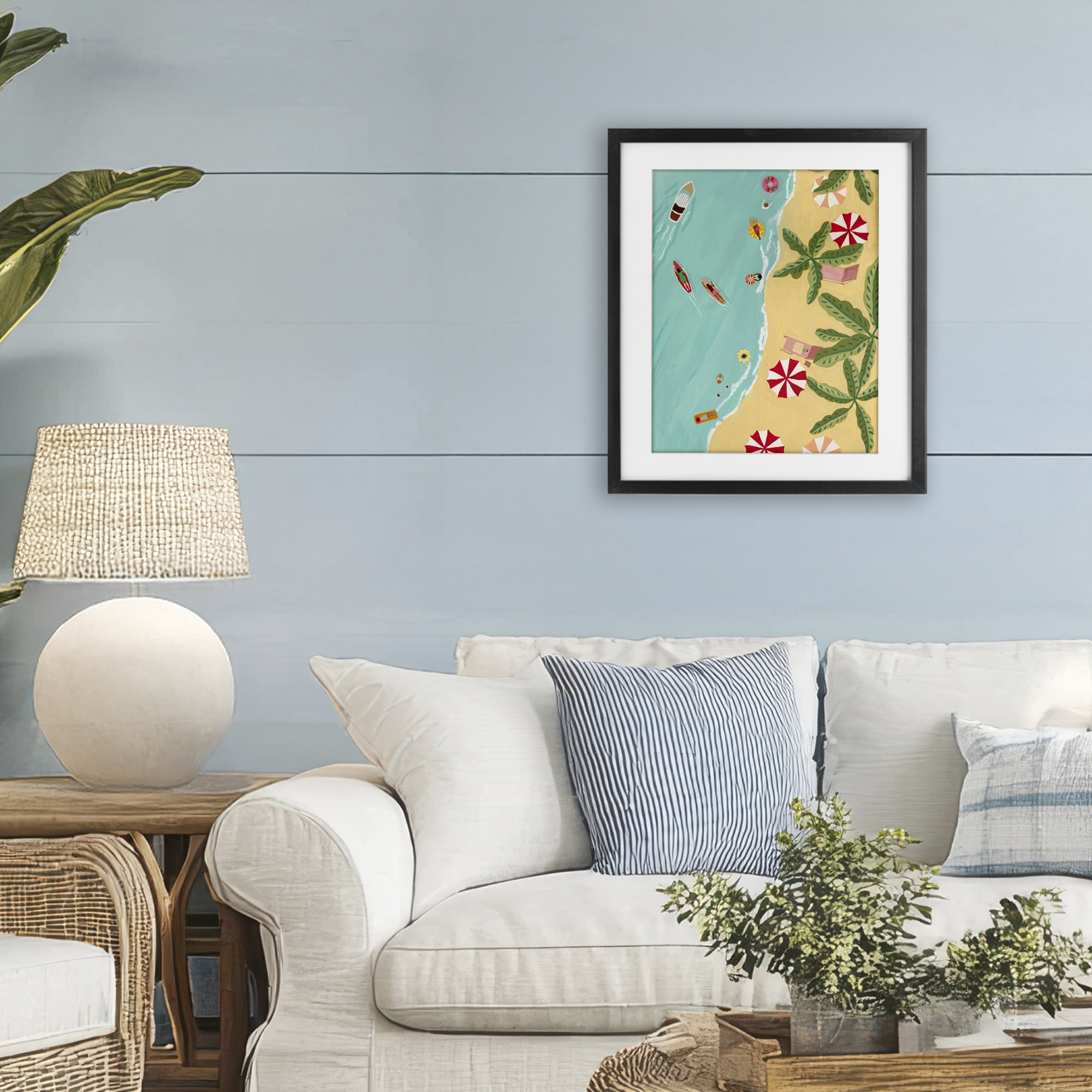 Busy Beach Day Hangout Black Framed Print Under Glass, design by Nabeela Rumi