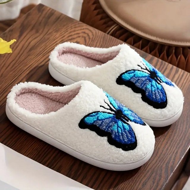 Zapatillas bordadas con toalla de mariposa para interior del hogar para hombres y mujeres, zapatillas de algodón con forro polar grueso antideslizantes de fondo suave para parejas