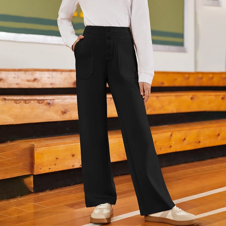 Gunia Kids Girls Black Dress Pants Solid Color Elastic Waist Flare Leg Trousers Lightwight Comfort Fit Youth Kids School Casual Uniform Pants Size 5-6 Years