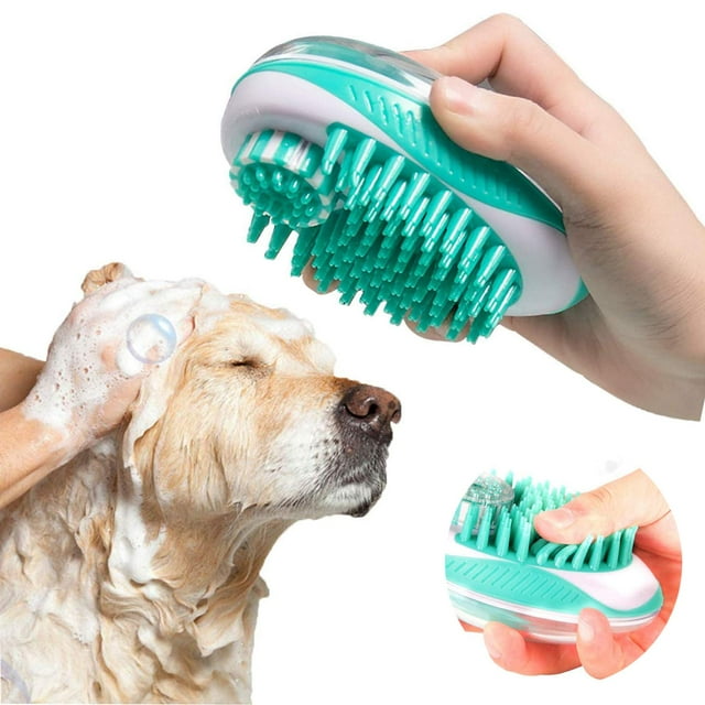 Cepillo de masaje para baño para mascotas 2 en 1, dispensador de champú para el cuidado de mascotas, cerdas de silicona suaves para quitar el pelo, perfecto para