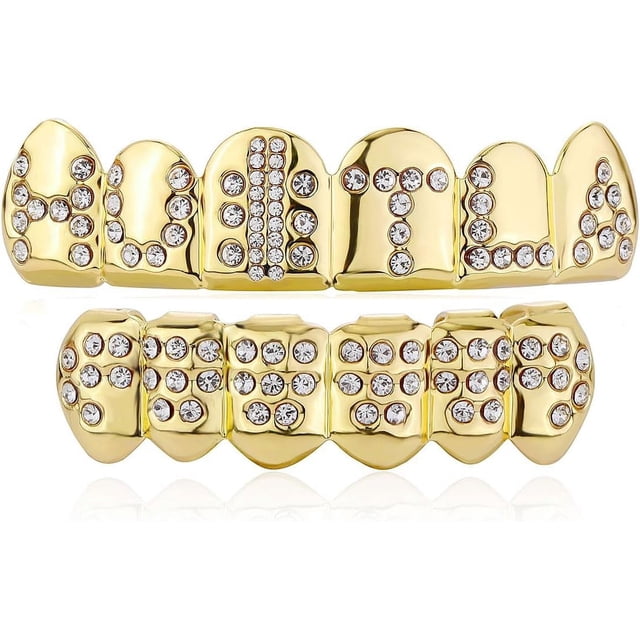 LAICAIW JINAO New Custom Fit Gold Plated Hip Hop Teeth Grillz Caps Fangs Top & Bottom Grill Set Vampire teeth