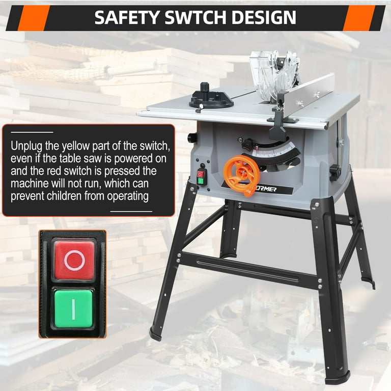 PRO 10 Inch 15A Multifunctional Table Saw Portable Table Saw with Stand Safety Switch Push Stick 90 Cross Cut 0 45 Bevel Cut Cutting Speed Up to 5000RPM DIY Table Saw