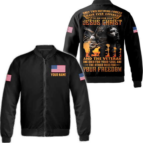Lotusprinthandmade Personalized Name Jesus & Veteran Only Two Defining Forces Have Ever Offered To Die For You All-over Print Bomber Jacket S-5XL Multicolor