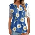 thumbnail image 2 of Summer Saving Wycnly Womens Tops Daisy Print Short Sleeve V-Neck Tee Shirts Summer Elegant Lace Trim Button Down Pullover Tunic Blouses Blue XXXL Clothes, 2 of 5