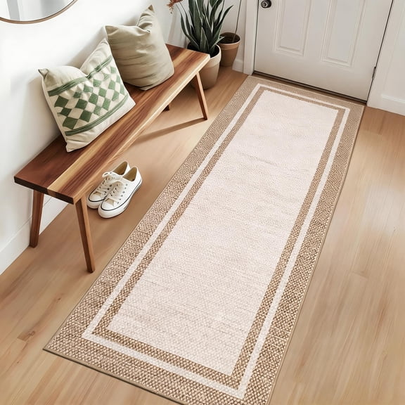 Long Kitchen Rugs Neutral Border 2x10 Entryway Rug Washable Rug for Bedroom Laundry Low Pile Floor Cover for Entryway Stain Resistant Indoor Carpet for Hallway,Beige