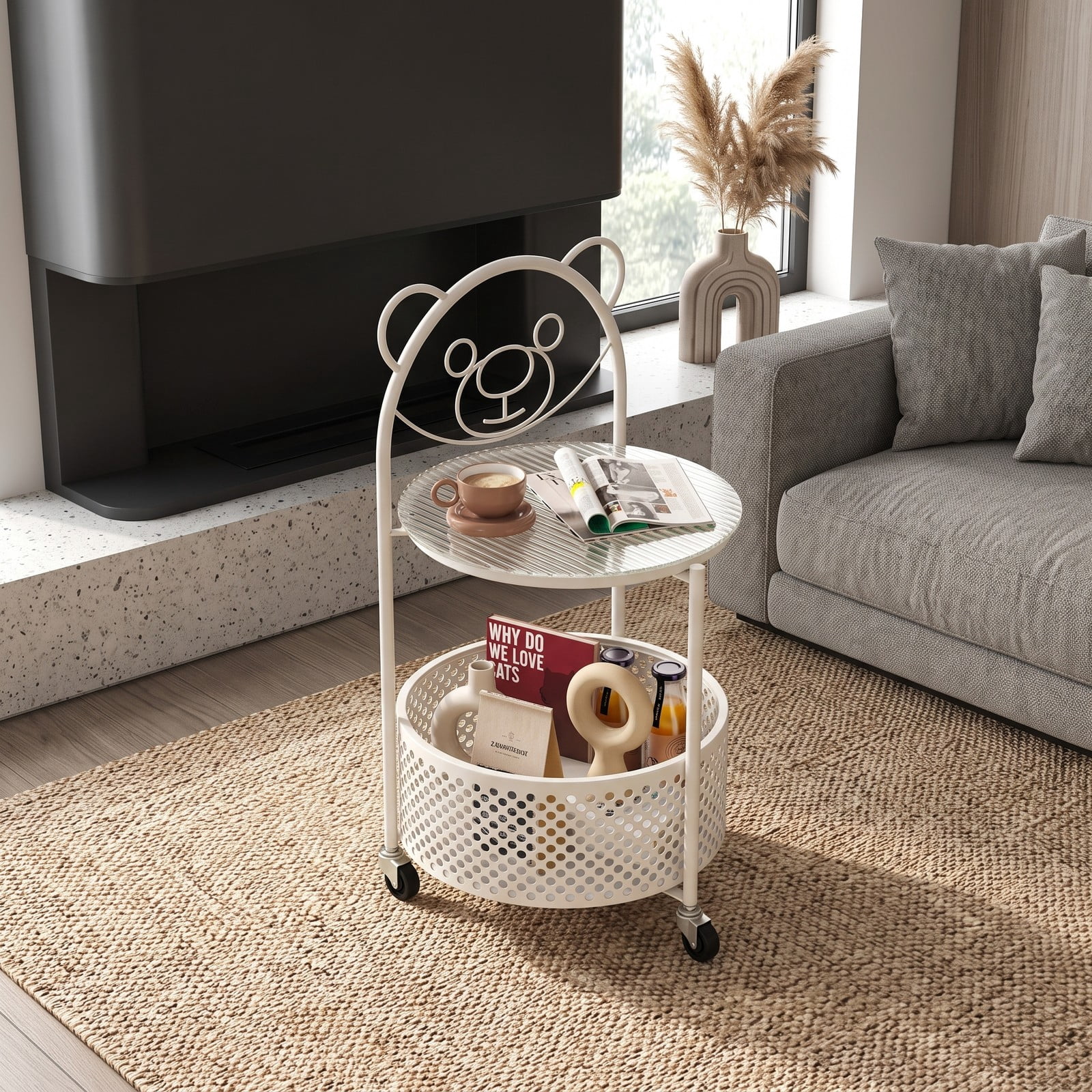 Furnibear Modern Sofa Side Table with Lockable Wheels, Round Tempered Glass End Table with Metal Storage Basket for Living Room Bedroom Study, Rolling C-Shaped, White