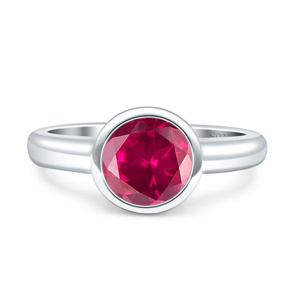 Bezel Set 8mm Round Engagement Ring Simulated Ruby CZ 925 Sterling Silver
