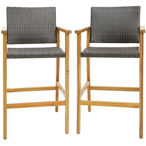 YYAo Set of 2 PE Wicker Patio Bar Chairs with Acacia Wood Armrests-Set of 2
