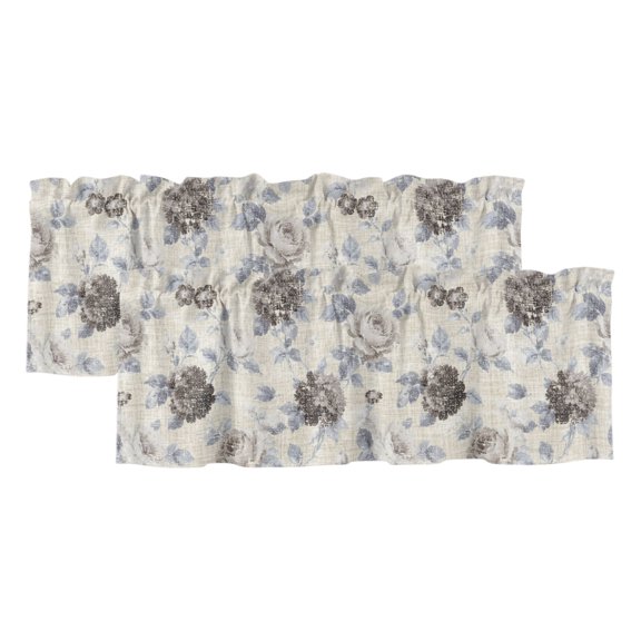 Vintage Floral Valances for Window 2 Pack, Botanical Grey Black Rose Leaf Linen Window Valance Curtains for Kitchen, Rod Pocket Short Curtains for Bathroom Bedroom Decor, 54" x 18"