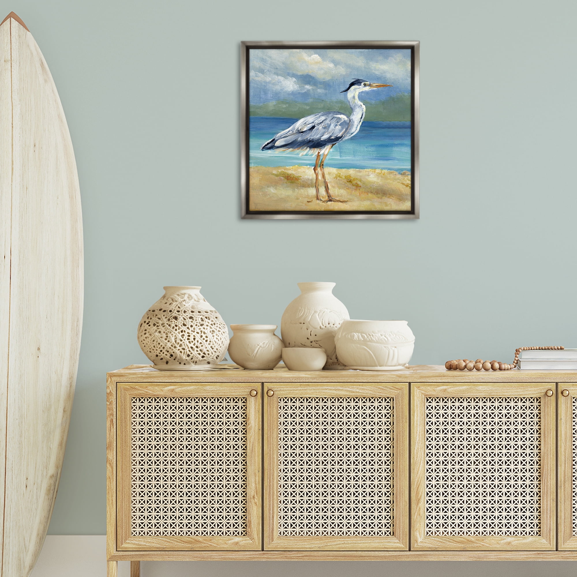 Stupell Industries Heron by the Sea Nautical & Beach Painting Gray Floater Framed Canvas Art Print Wall Art, 25 x 25
