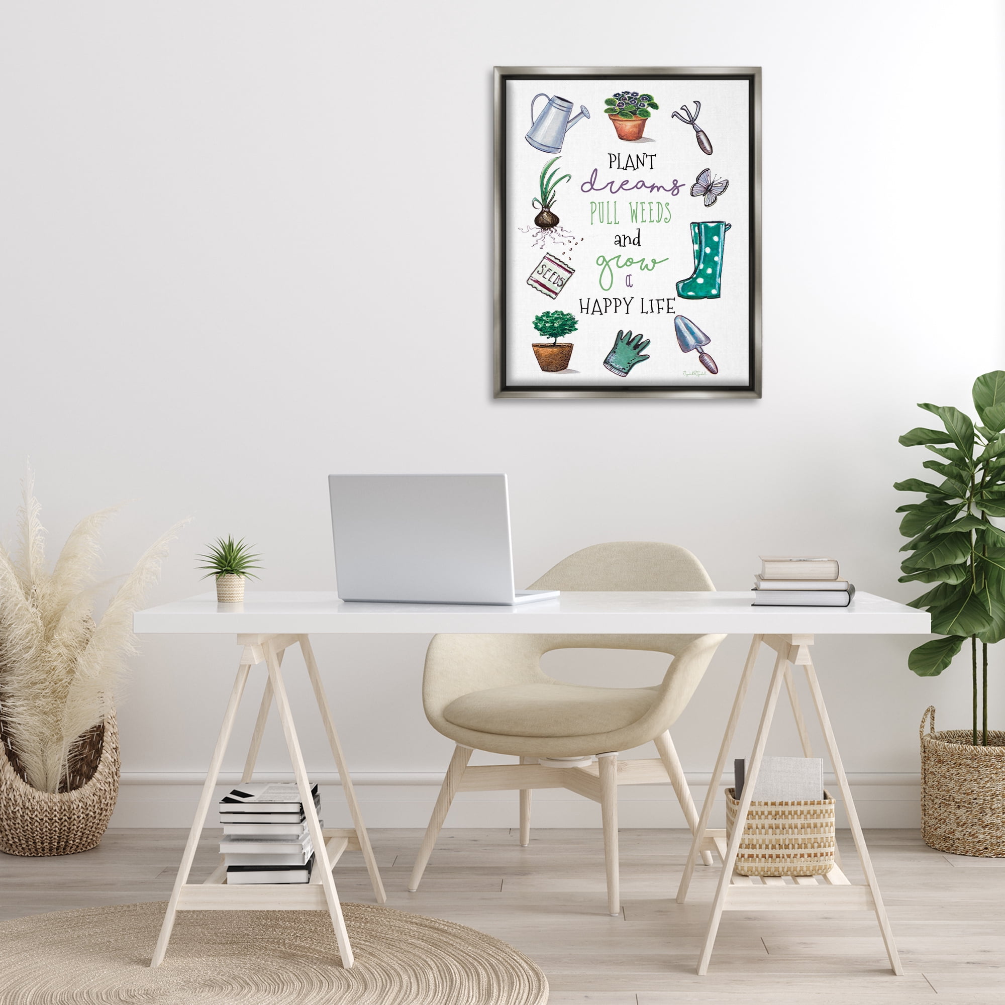Stupell Industries Grow a Happy Life Botanical & Floral Painting Gray Floater Framed Art Print Wall Art, 25 x 31