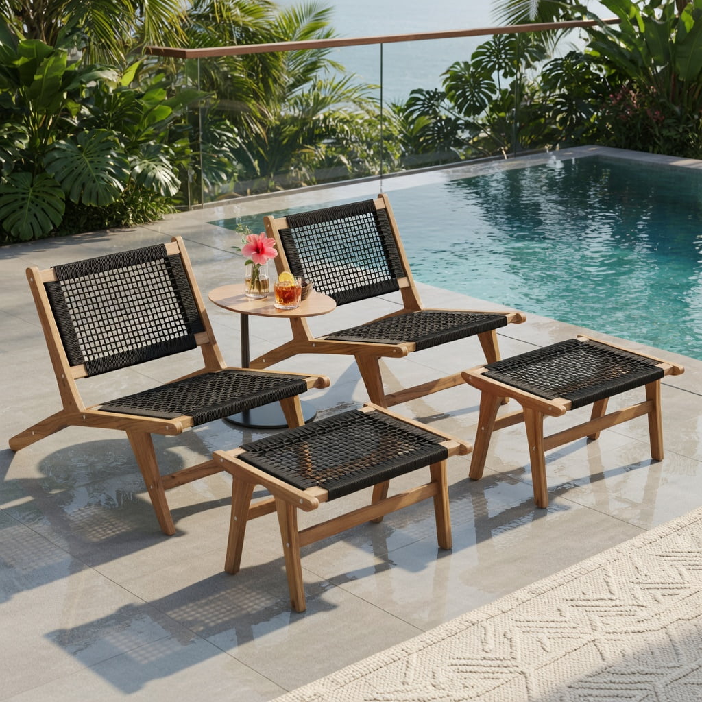 Hommoo Indoor Outdoor Teak Wood Dining Chair with Handwoven Cord Seat & Ergonomic Backrest, Natural + Black