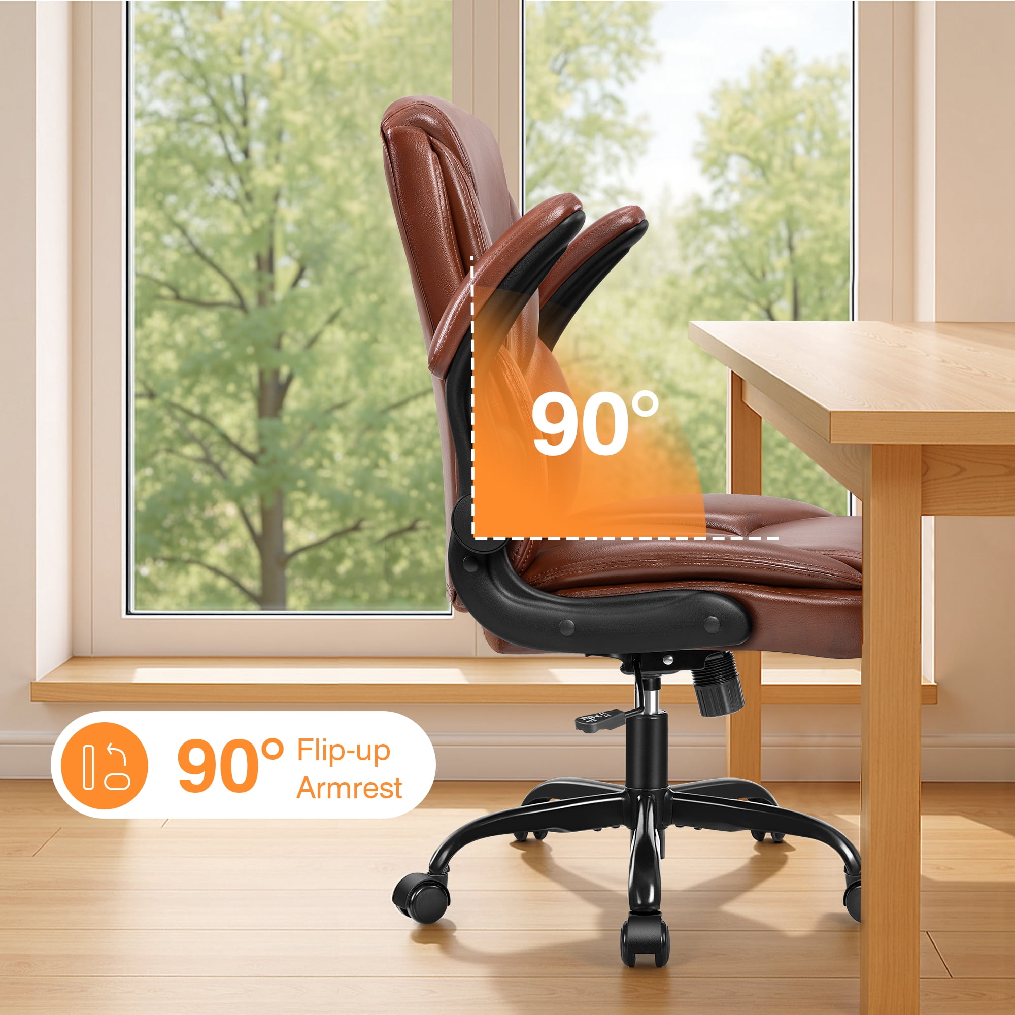 Primy Compact PU Leather Office Chair - Ergonomic Adjustable Height Computer Desk Chair with Flip-Up Armrests, Mid-Back Executive Swivel Chair on Wheels for Small Spaces & Petite Users, Brown