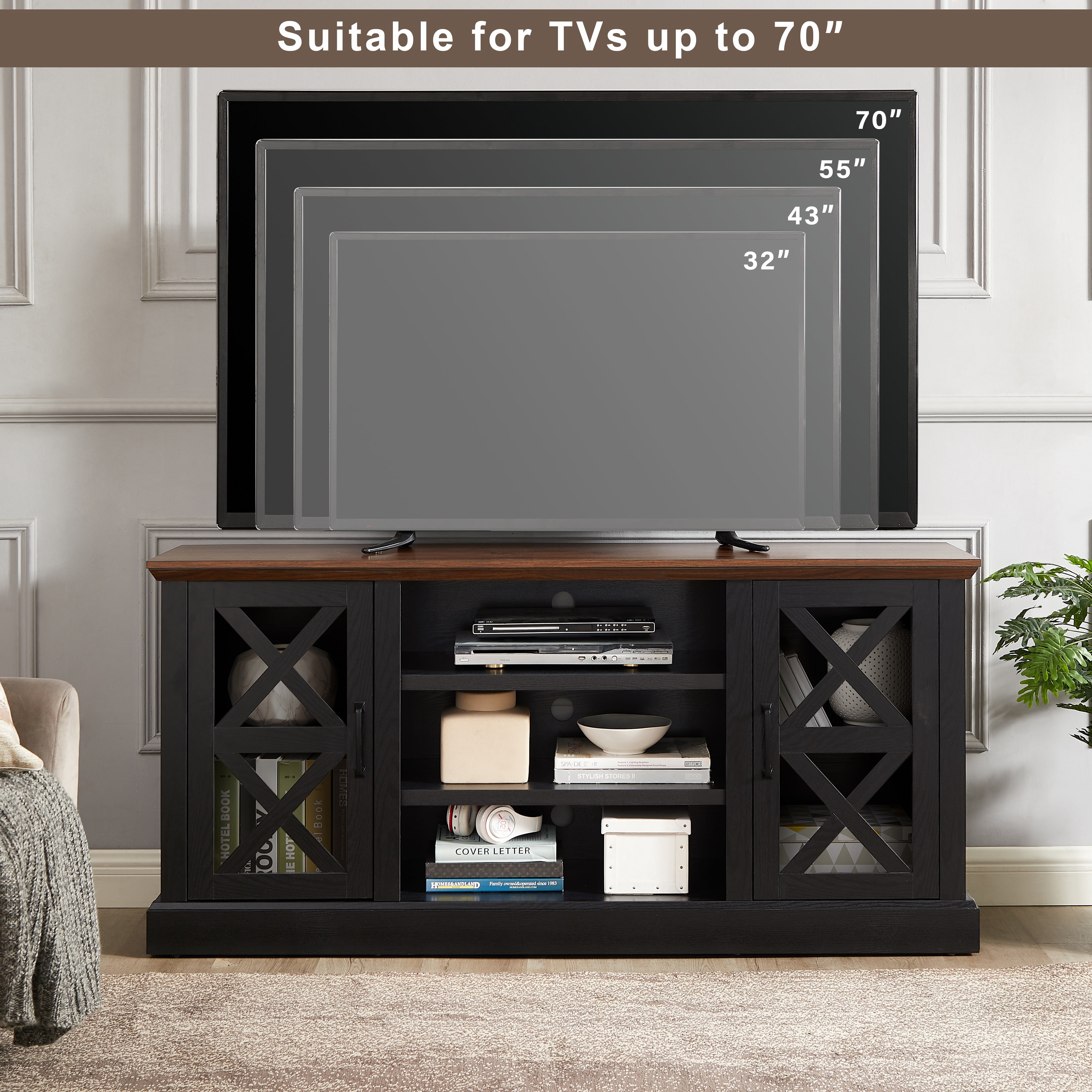 Mainstays Farmhouse TV Stand for TVs up to 70", Black/Walnut