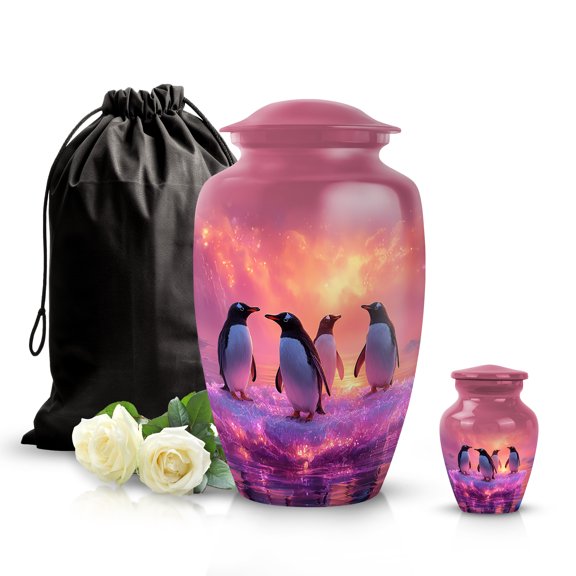 SABURIAL Penguin Urn - Beautiful Cremation Urn for Mom & Dad Ash - Large Funeral Urns for Adult Female Ashes - Decorative Handmade Urns for Ash - Combo - 10 Inch Large & 3 Inch