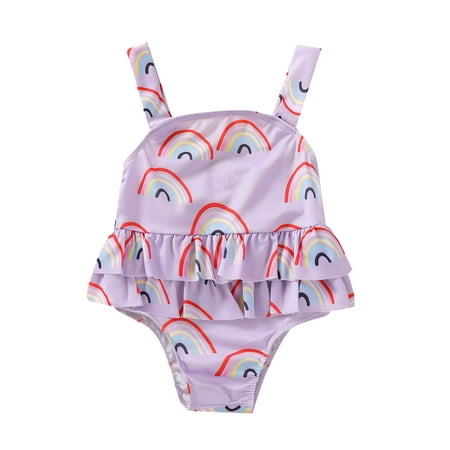 

Summer Baby Girls Sleeveless Ruffles Rainbow Printed One-Piece Swimsuit Bathing Suit Beach Wear Swimwear