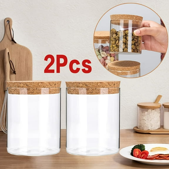 Pantry Organization Glass Jars with Cork Lids, 2-Pack 16oz Airtight Canisters for Kitchen Storage
