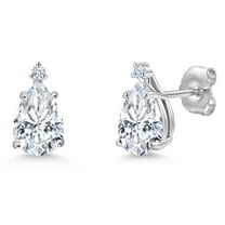 Gem Stone King 14K White Gold White Moissanite Stud Earrings for Women | 2.07 Cttw | Gemstone Birthstone | Pear Shape 8X5MM