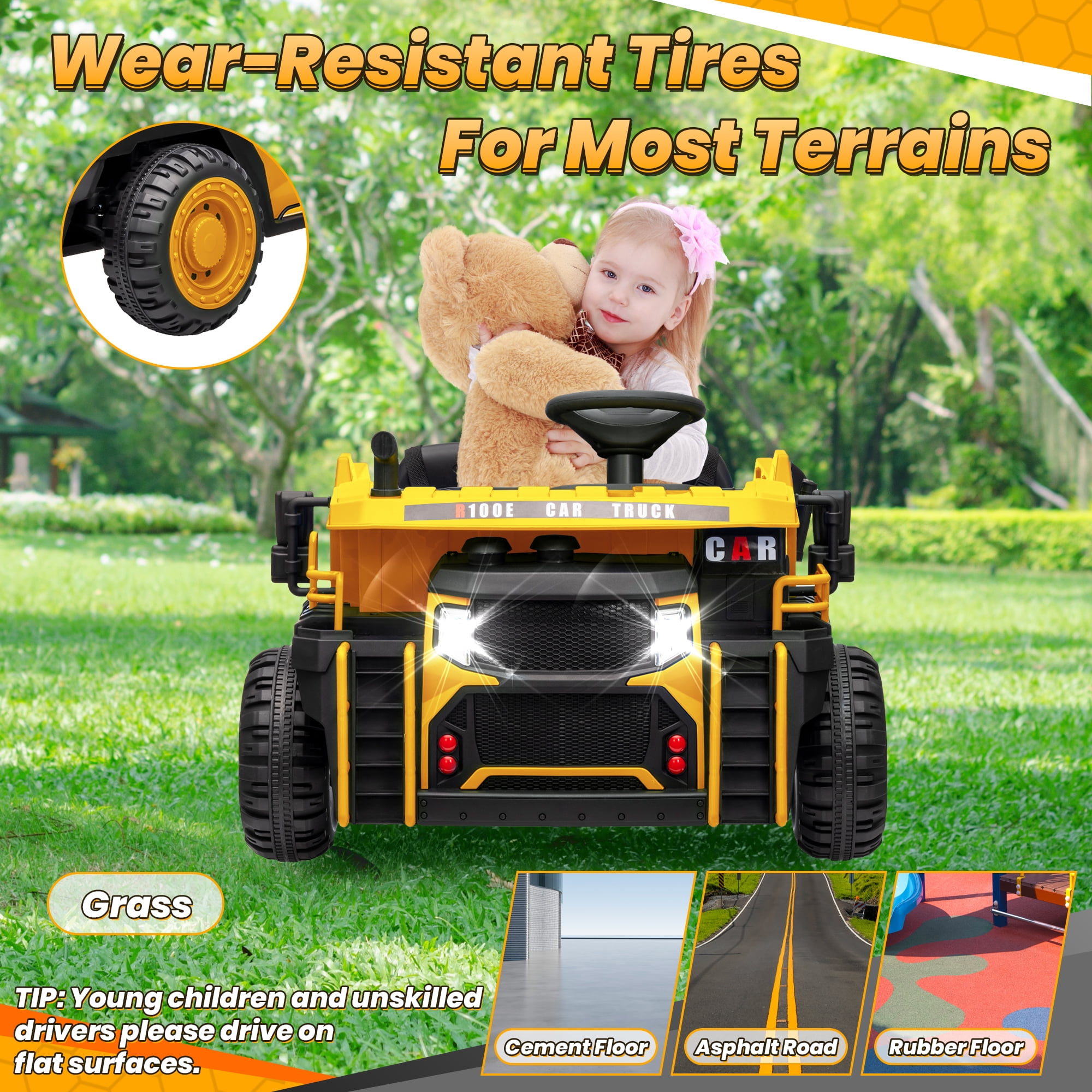 Funride 24V Ride on Toys 2 Seater Ride on Dump Truck w/ Remote Control w/ Dump Bed, 3 Speeds, Shovel, Bluetooth/Music, Big Kids, Yellow
