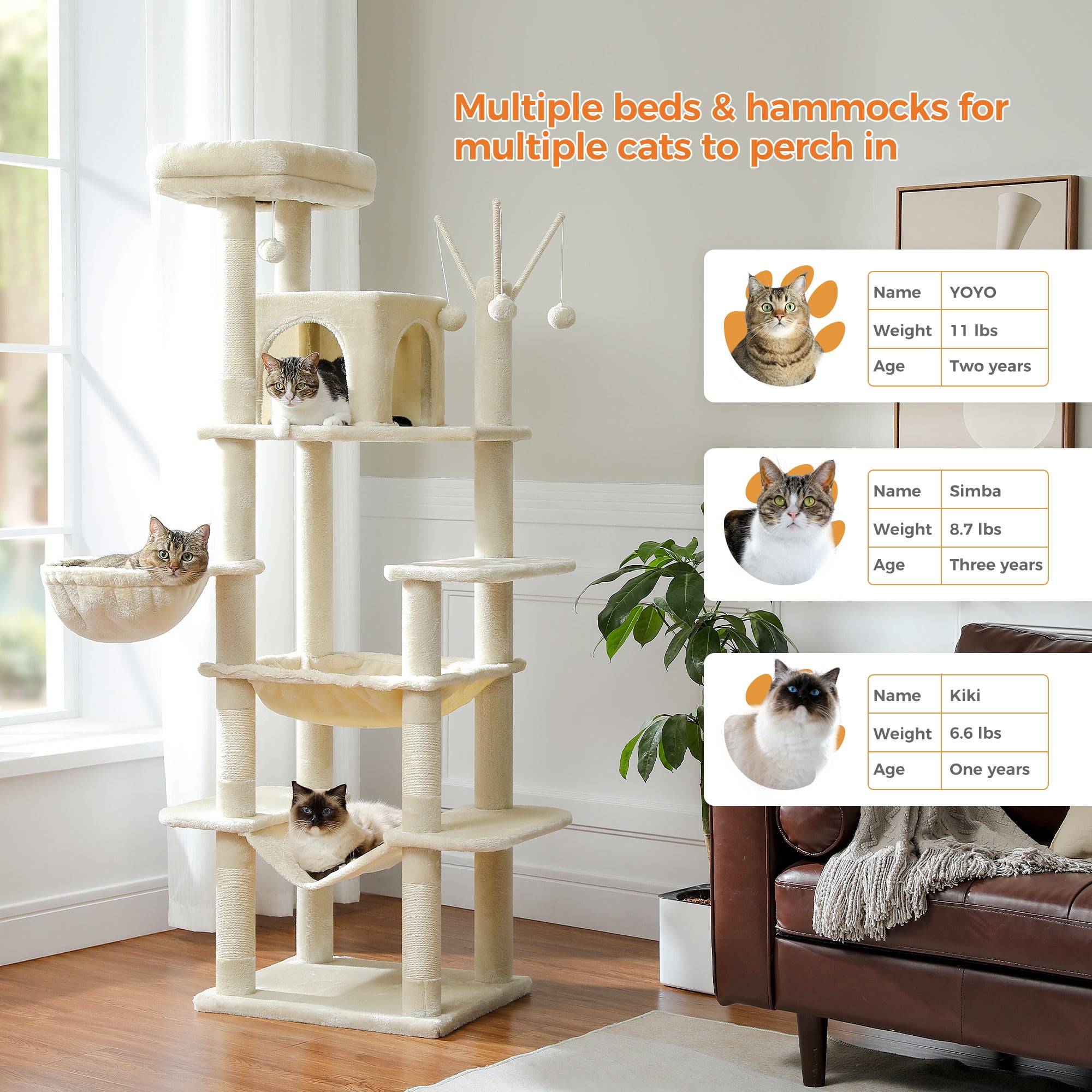Kadyn 69" Cat Tree Tower for Indoor Large Cats, Fat Cats with Big Hammock, Cat Climbing Tree with Scratching Posts, Condo House and Top Perch, Beige