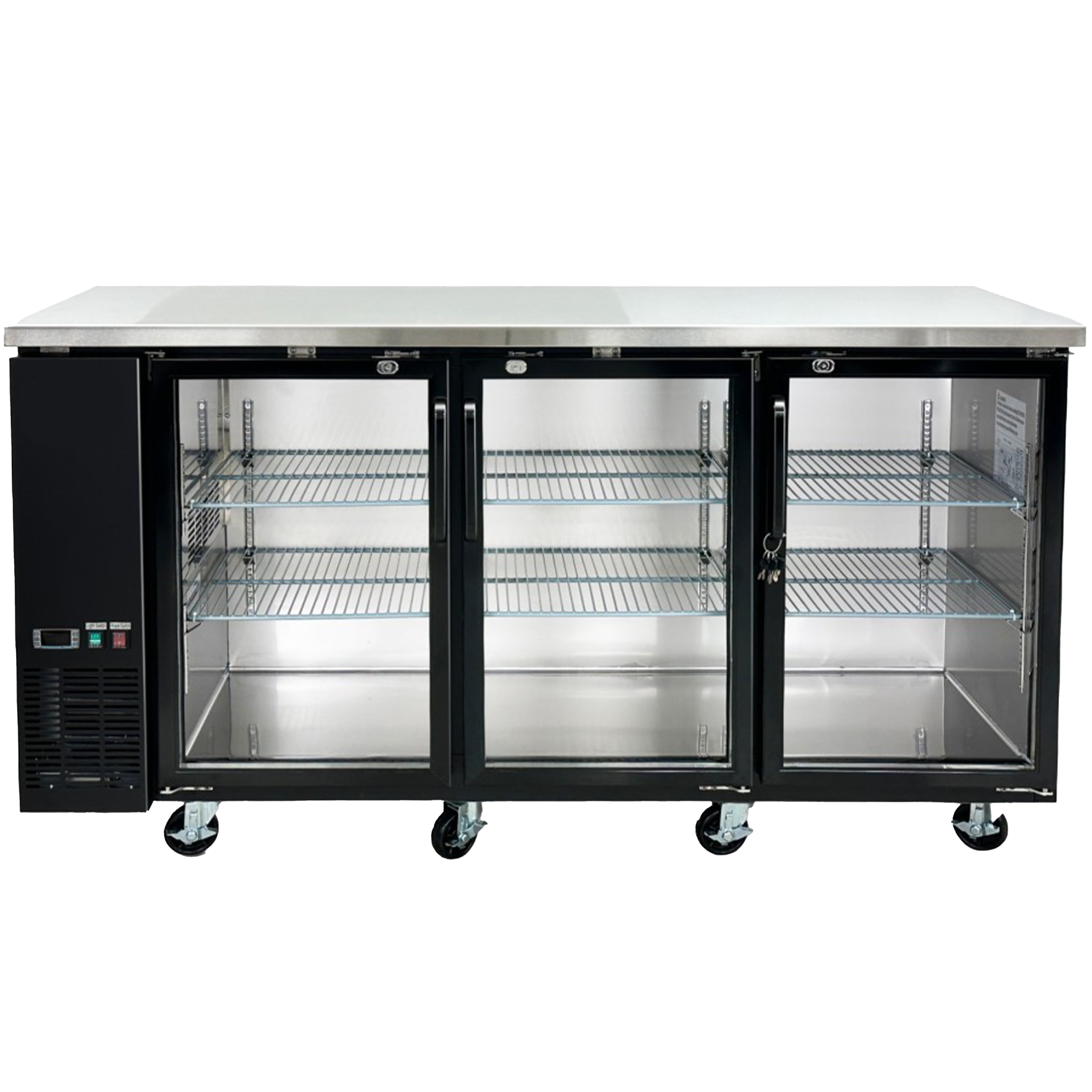 Elite Kitchen 73 in. Back Bar Refrigerator, 20 Cu. ft., 3 Glass Door, Lockable, Commercial, NSF Certified