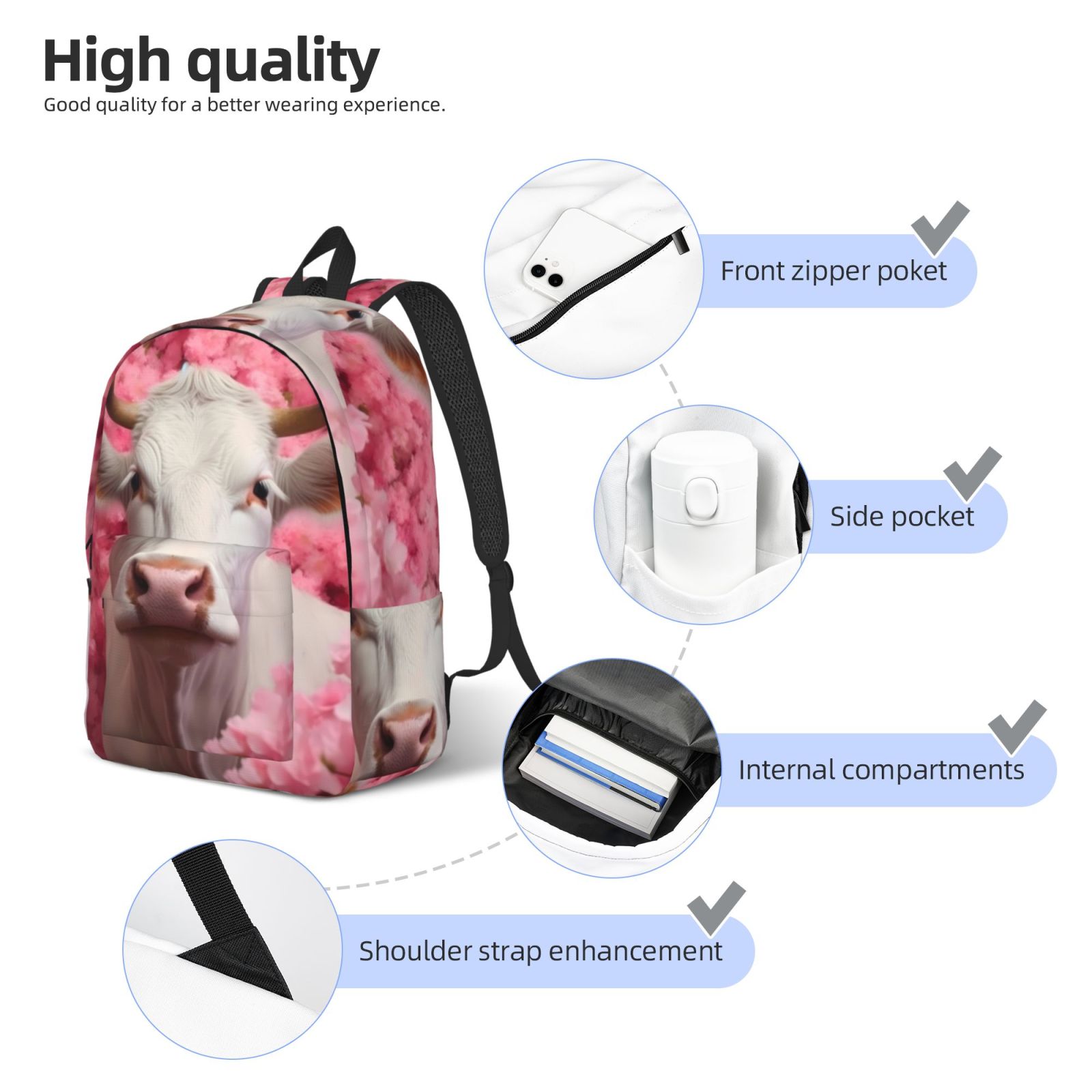 Vsdgher Flower White Cow Print Canvas Backpack Travel Rucksack Unisex Knapsack 15.7/17.7Inch Laptop Backpack for Work,College -Medium