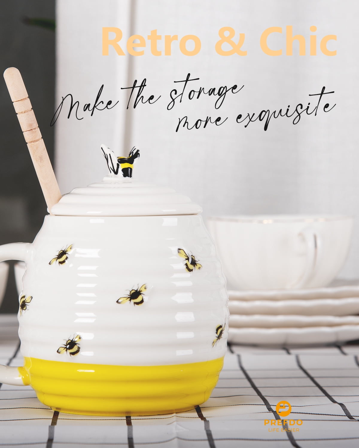 Prefdo Ceramic Honey Pot Jar with Wood Drizzler, British Designed Honey Jar With Honey Dipper, Perfect for Honey and Maple Syrup, 350ml