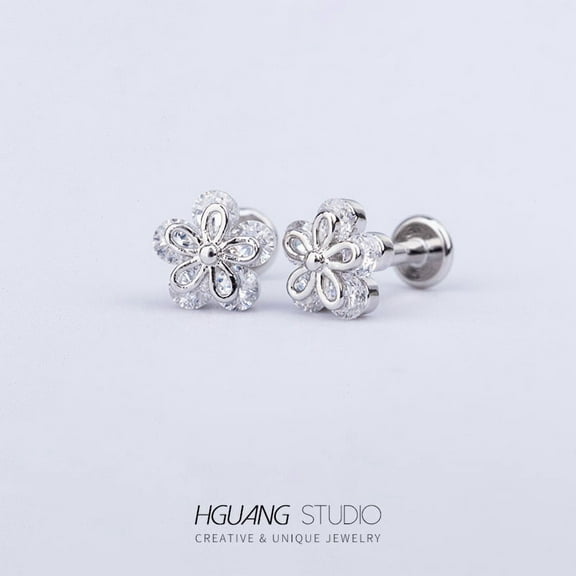 Stainless Steel Micro Pave Clear Cubic Zirconia Cartilage Earrings for Women Men Flat Back Earring 6mm Pin: 1.2mm Flower