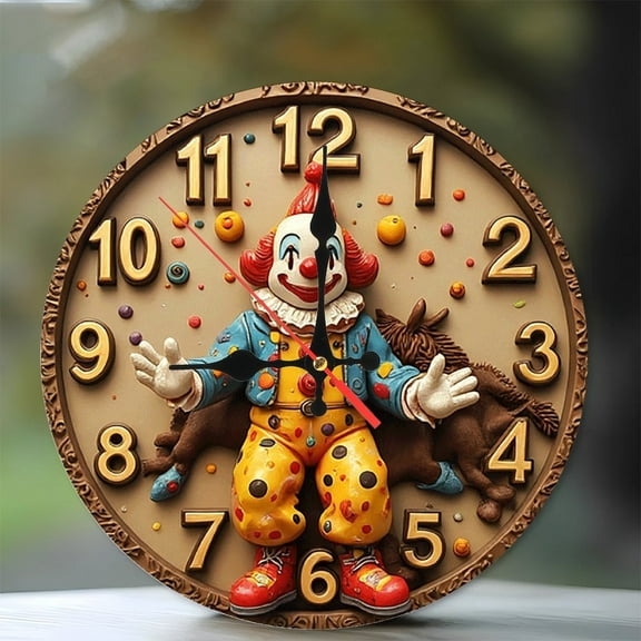 Clown Figurine Resin Clock Wall Decor 10-Inch Silent Wooden Wall Clock, Battery Operated (AA Batteries Not Included), Artistic Home Decor