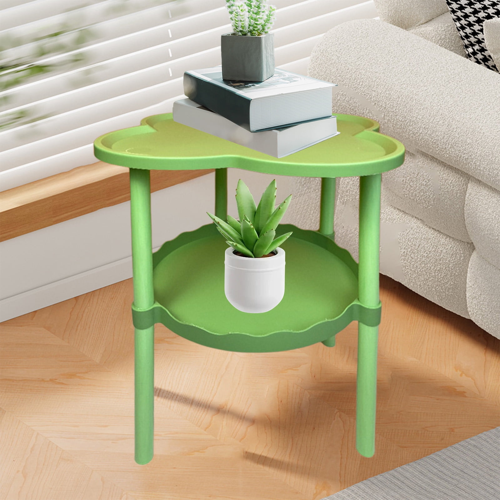 Movable Four Leaf Clover Shape Storage Side Table, Wheeled Sofa End Table Living Room Snack Table with Cloud Shelf, Flexible Storage Solution for Compact Spaces and Modern Home Living