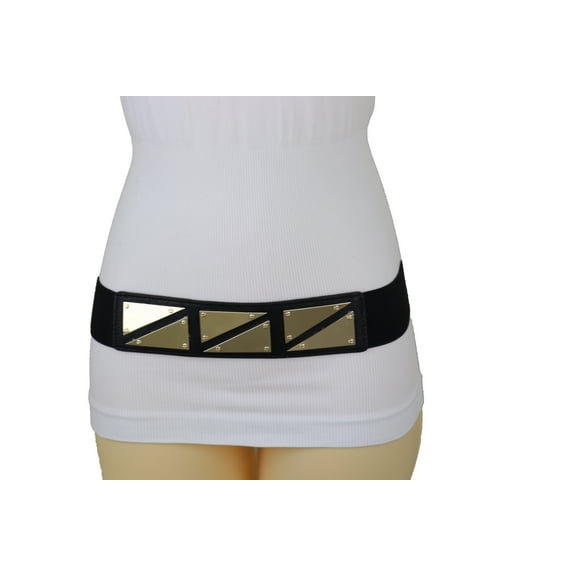 Women Black Stretch Fashion Belt Gold Triangle Buckle S M