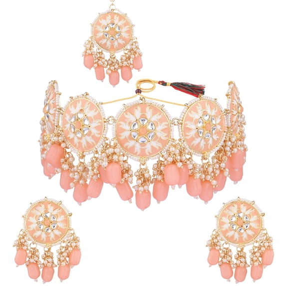 Efulgenz Indian Bridal Set Traditional Crystal Beads Kundan Peach Color Choker Necklace Faux Pearl Drop Round Stud Earrings with Maang Tikka Bollywood Jewelry Set for Women