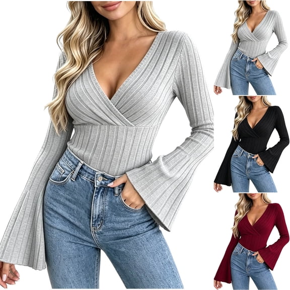 yillto Womens Sweater Wrap V Neck Flare Long Sleeve Knitted Ribbed Blouses Fashion Slim Sweaters