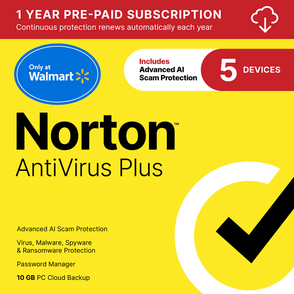 Walmart Exclusive - Norton AntiVirus Plus, 5 Devices, 1 Year Subscription, PC/Mac (Digital Download)