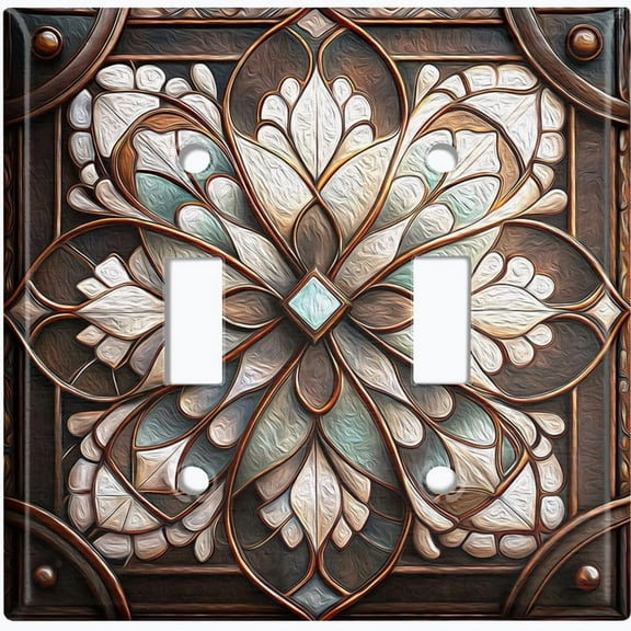 Metal Light Switch Wall Plate Outlet Cover (Printed Image of Stained Glass Flower - Double Toggle)