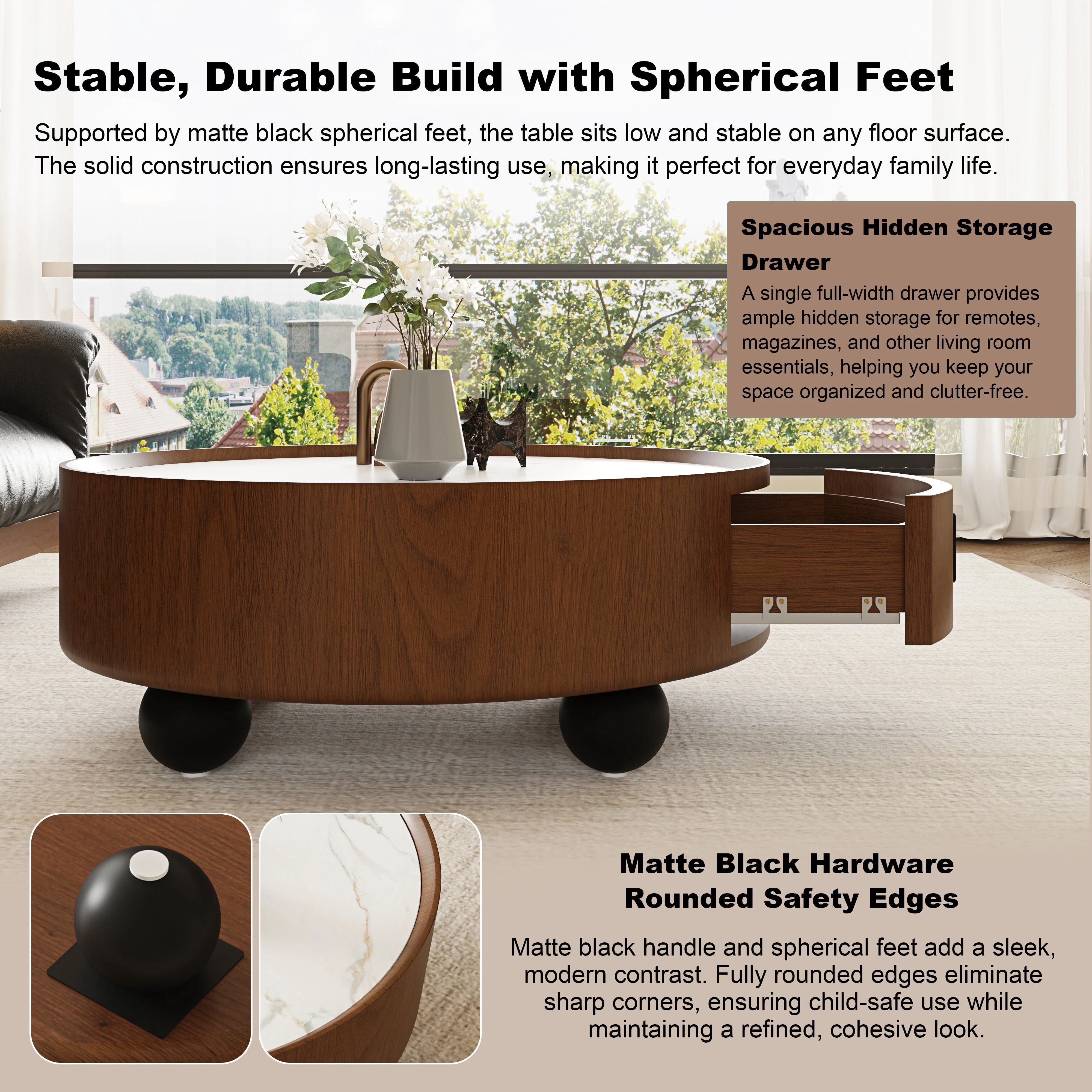Euroco 35.43 Inch Round Coffee Table with Storage Drawer, Mid-Century Modern Accent Tea Table with Marble-Look Stone Top for Living Room,Home Office,Walnut