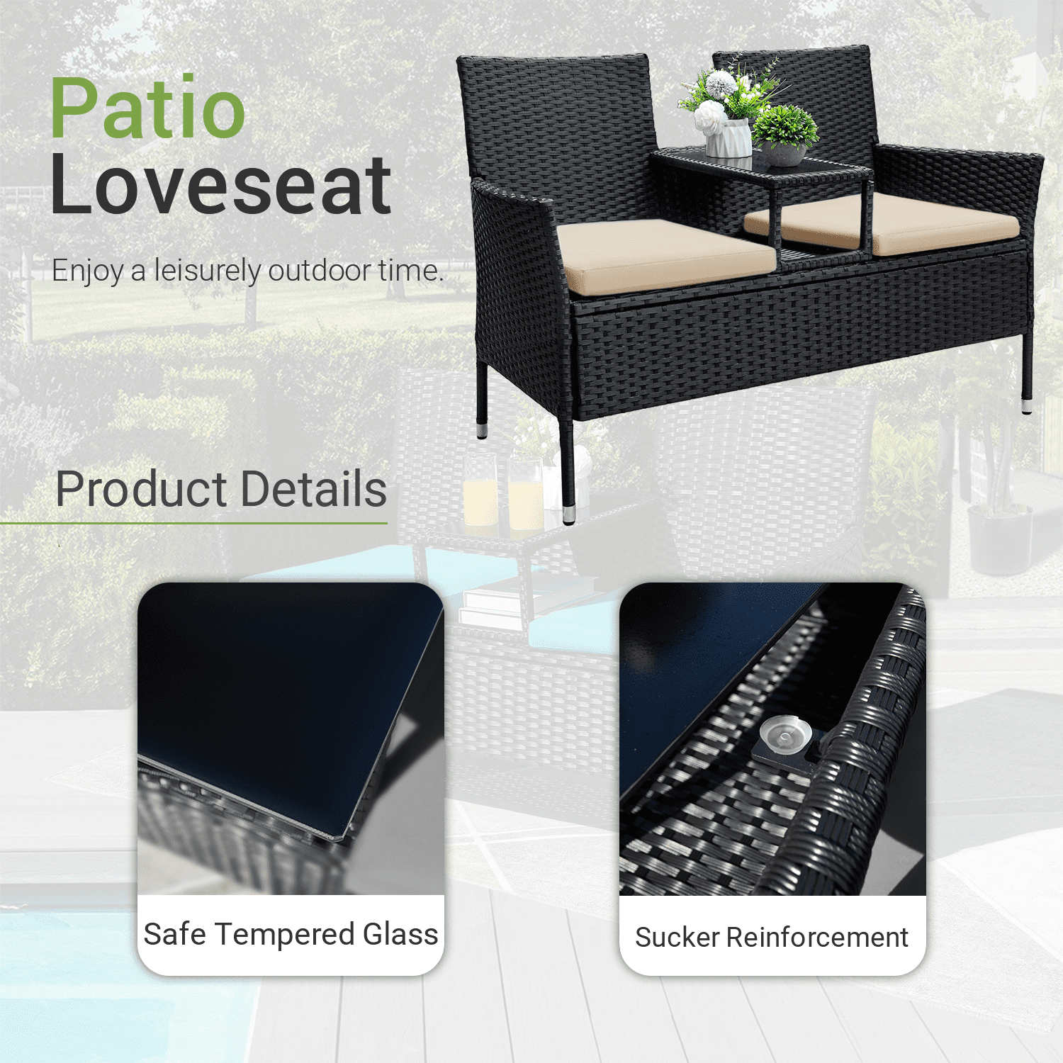Devoko Outdoor Patio Loveseat Modern Rattan Patio Conversation Furniture Set with Cushions and Built-in Coffee Table Porch Furniture for Garden Lawn Backyard, Beige