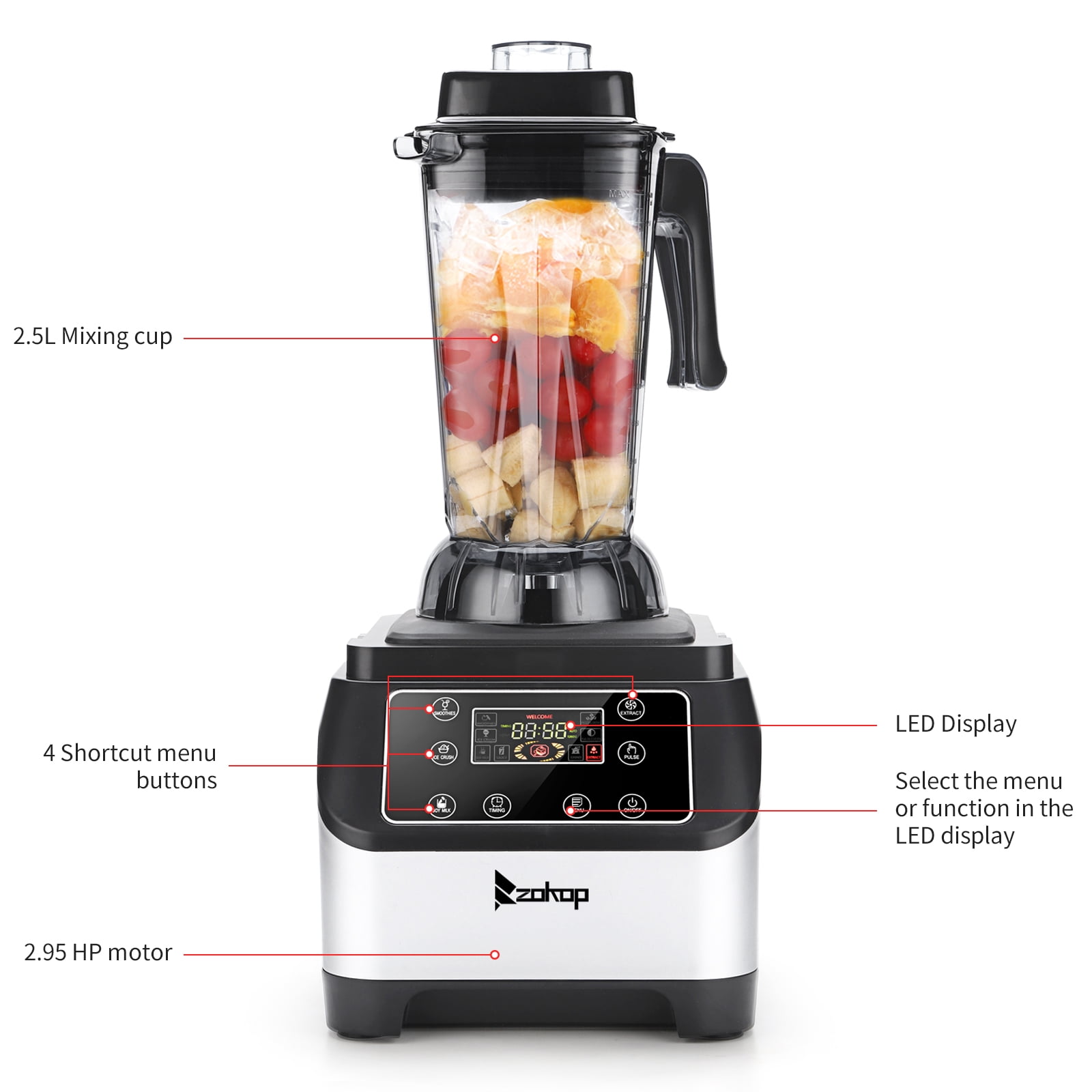 Hassch 2500Ml Blender Smoothie Maker Plastic Smart Touch Screen  Multi-Function Electronic Countertop Blenders Black