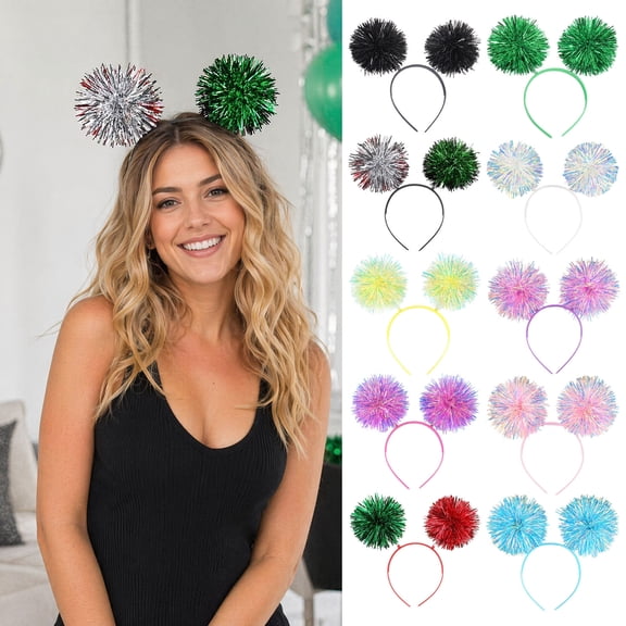 SmartBy Party Headband, Fluffy Ball Decor Hair Hoop, Elastic Fit Metal Foil Headband for Parties Cosplay Halloween Hair Accessories