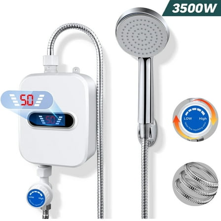 DICEEVIL Electric Tankless Water Heater with Shower Head Set, 3500W Electric Instant Hot Water Heater for Shower, LCD Display Rapid Heating Mini Water Heater for Home Bathroom, White