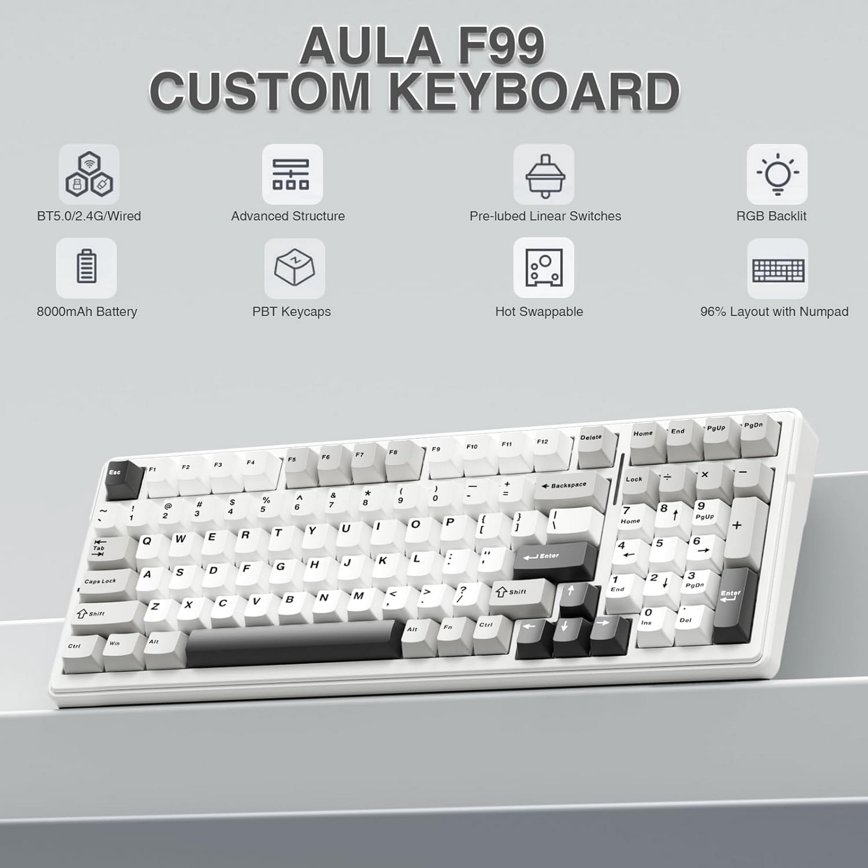 AULA F99 96% Wireless Mechanical Keyboard, Hot Swappable, Tri-Mode Bluetooth 5.0/2.4GHz/USB-C, Pre-Lubed Linear Switches, RGB Backlit, Macro Support, Black/Grey/White