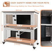PETSCOSSET 36L Rabbit Hutch Indoor Wooden 2 Story Bunny Hutch Rabbit Cage Outdoor Bunny Cage on 4 Metal Wheels and 2 Deeper Pull Out Trays,Ramp,Guinea Pig Pet House for Small to Medium Animals,Grey