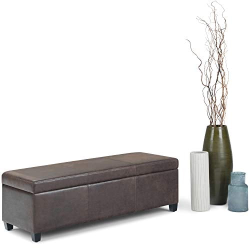 SIMPLIHOME Avalon 48 inch Wide Rectangle Lift Top Storage Ottoman Bench in Upholstered Distressed Brown Faux Air Leather with Large Storage Space for the Living Room, Entryway, Bedroom, Contemporary