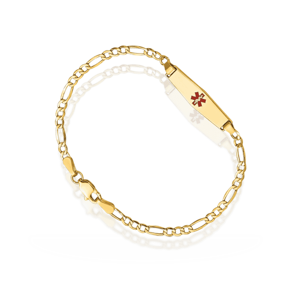 14K Solid Yellow Gold Medical Alert Figaro Link Name Bar Identification ID Bracelet